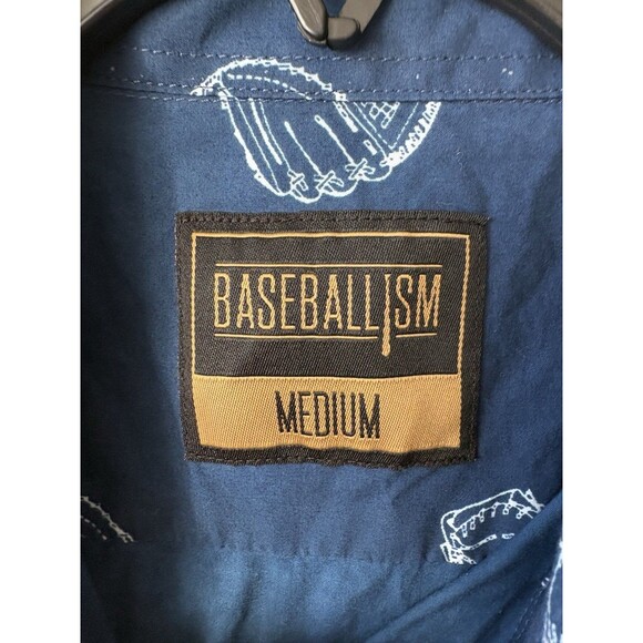 Baseballism Men’s Short Sleeve Button Down Shirt Blue White Glove Graphic Medium - Picture 2 of 4